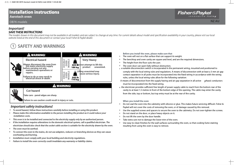 Page n°1 - Guide d'installation Fisher & Paykel OB76SDEPX2