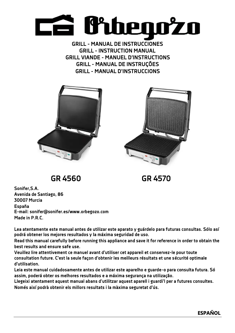 Page 1 de la notice Manuel utilisateur Orbegozo GR 4560