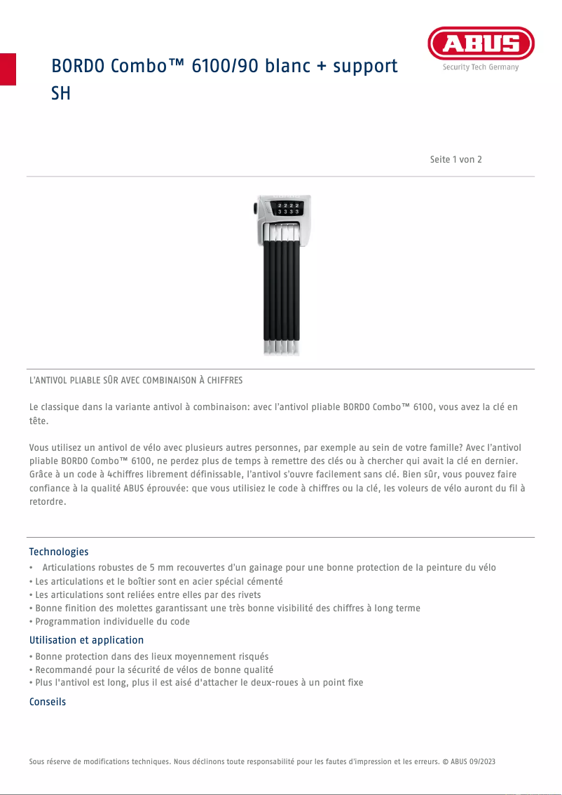 Page 1 de la notice Fiche technique Abus BORDO Combo 6100