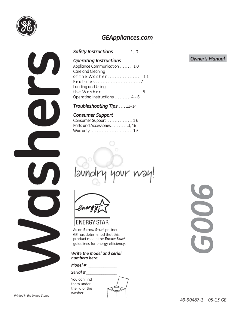 Page 1 de la notice Manuel d'utilisation et d'entretien GE GHWN8350DWS