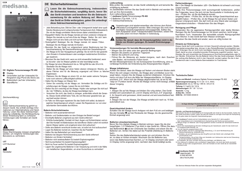 Page 1 de la notice Manuel utilisateur Medisana PS 450