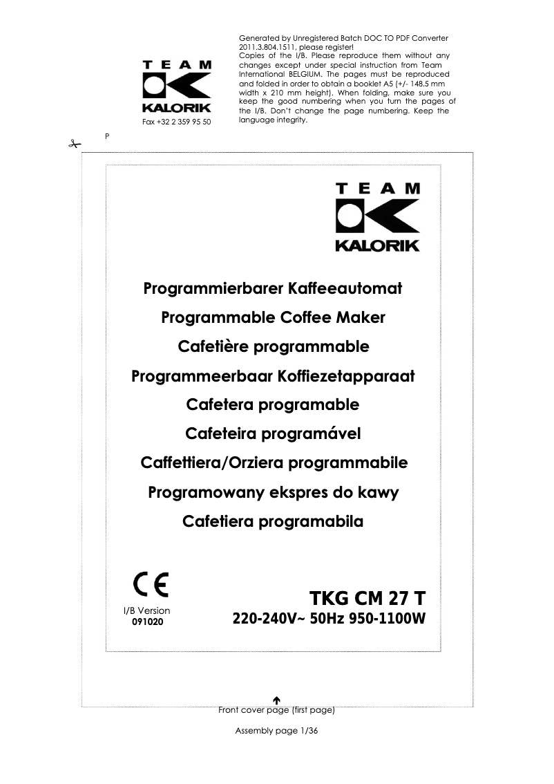 Image de la première page du manuel de l'appareil TKG CM 27 T