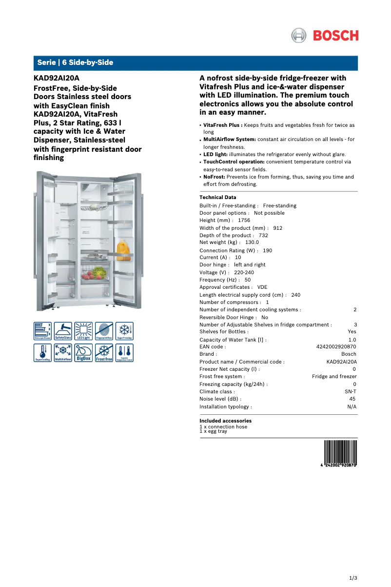 Page 1 de la notice Fiche technique Bosch KAD92AI20A