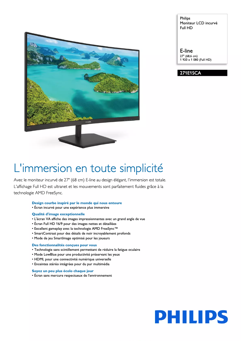 Page 1 de la notice Fiche technique Philips E Line 271E1SCA