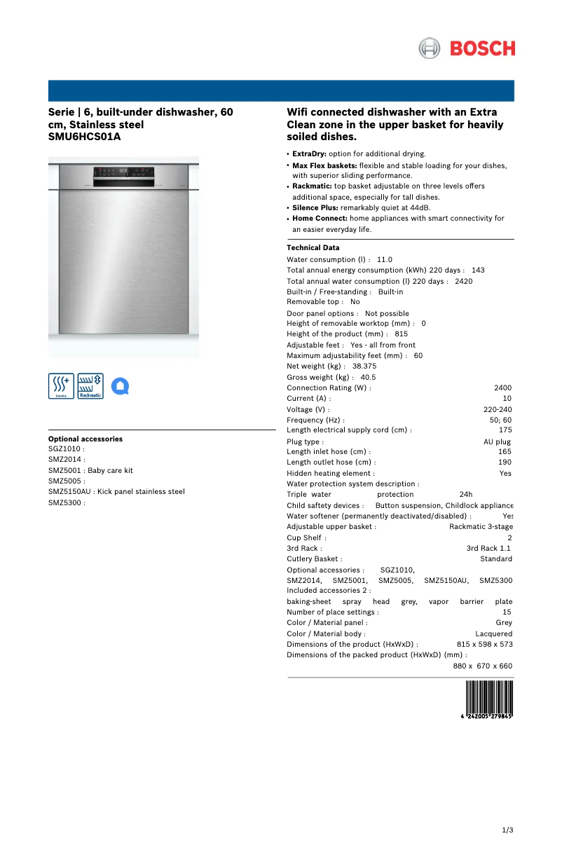 Page n°1 - Fiche technique Bosch SMU6HCS01A