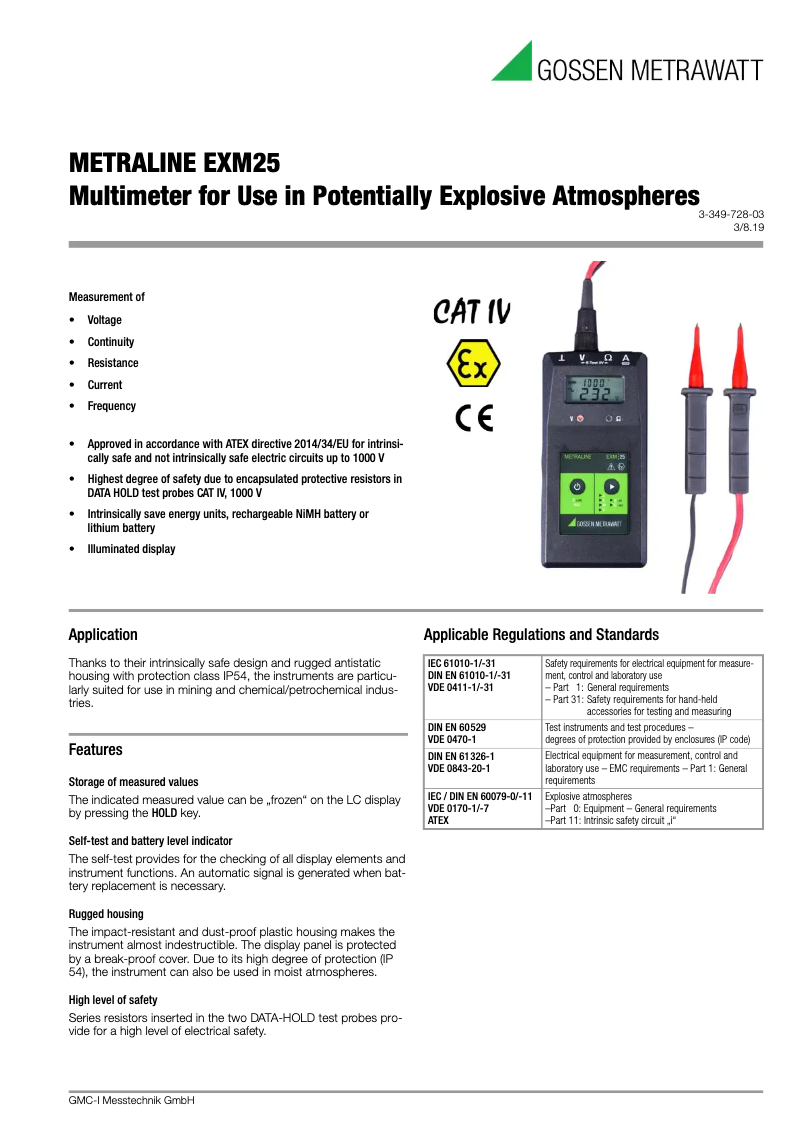 Page 1 de la notice Fiche technique Gossen Metrawatt METRALINE EXM25