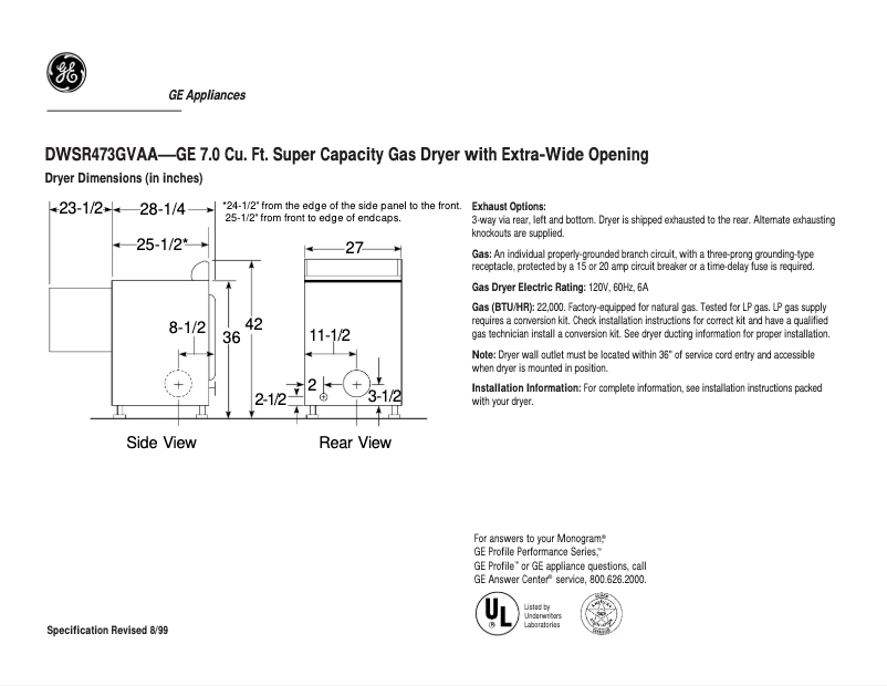 Page n°1 - Fiche technique GE DWSR473GVAA