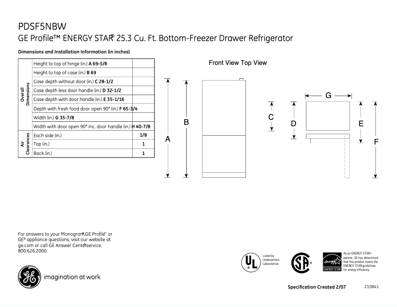 Page 1 de la notice Fiche technique GE Profile PDSF5NBWBB