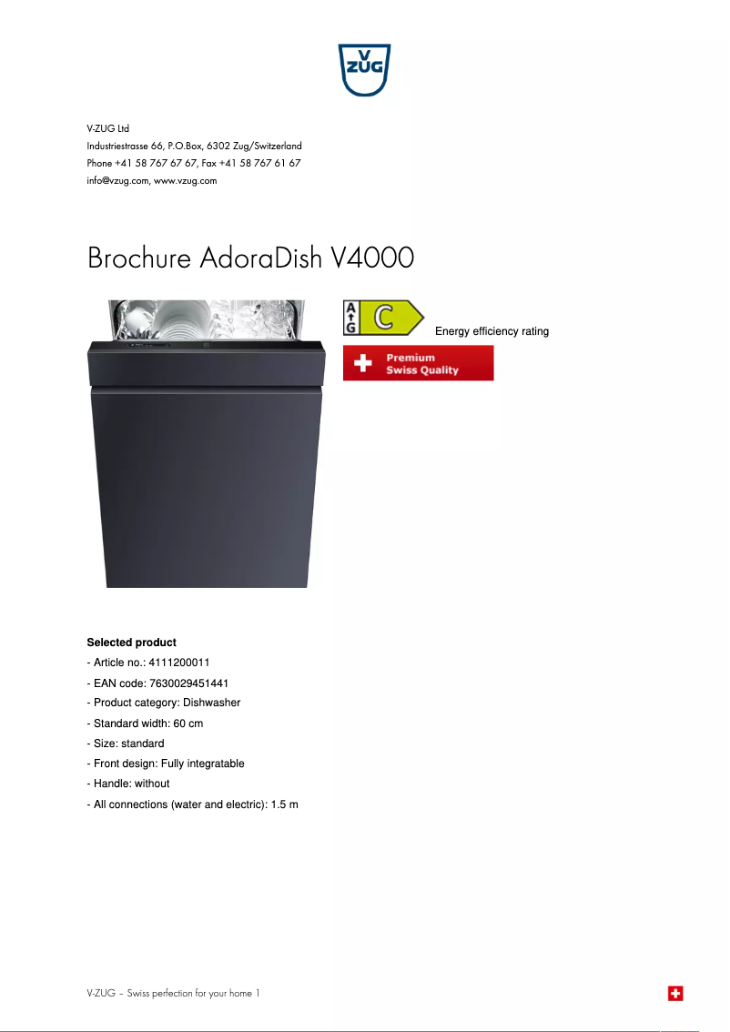 Page 1 de la notice Brochure V-Zug AdoraDish V4000