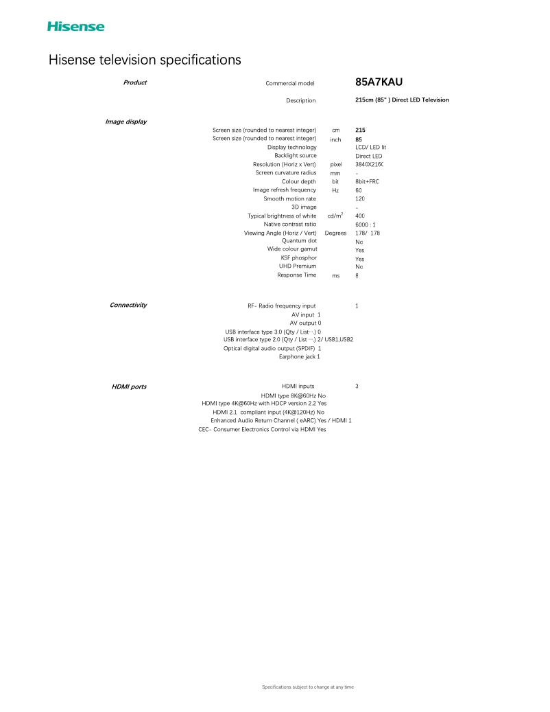Page n°1 - Fiche technique Hisense 85A7KAU