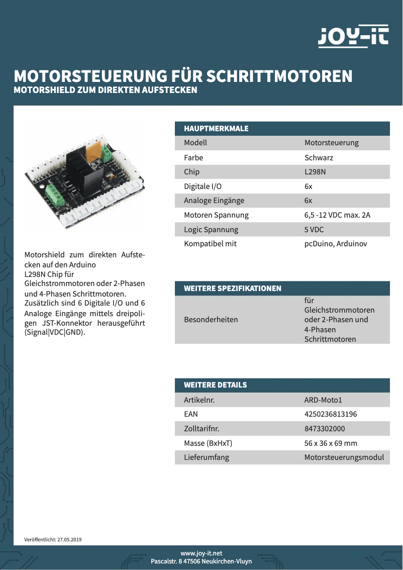 Page 1 de la notice Fiche technique Joy-It Moto1