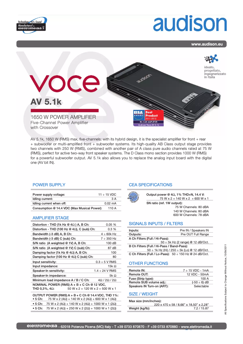 Page 1 de la notice Fiche technique Audison Voce AV 5.1k