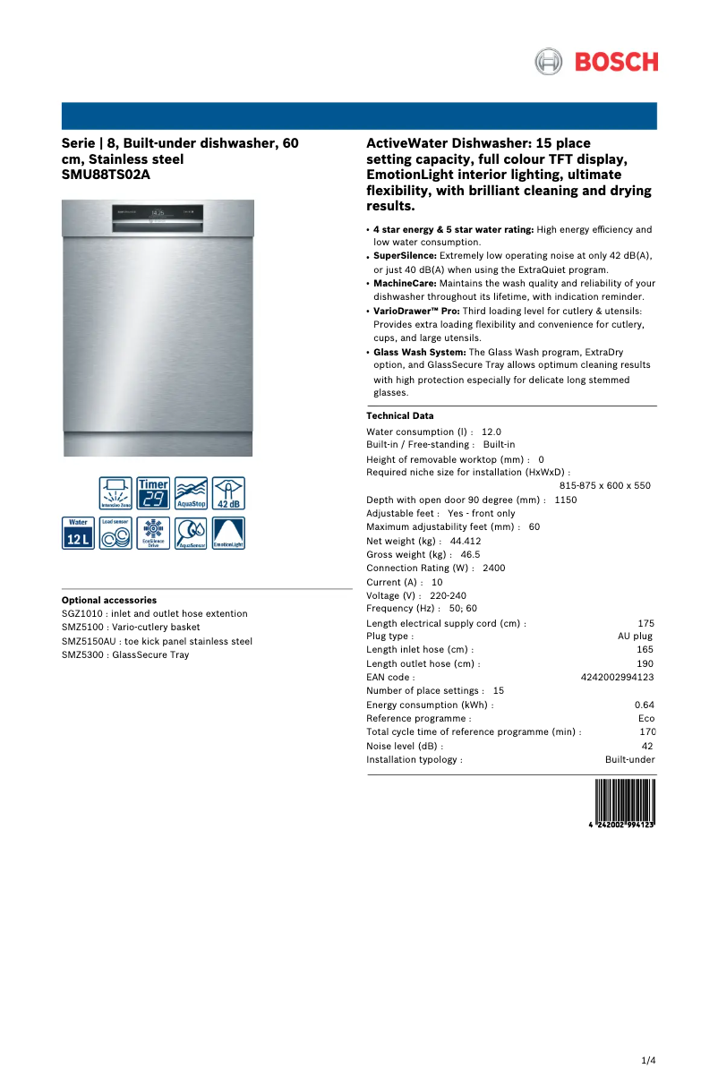 Page n°1 - Fiche technique Bosch SMU88TS02A