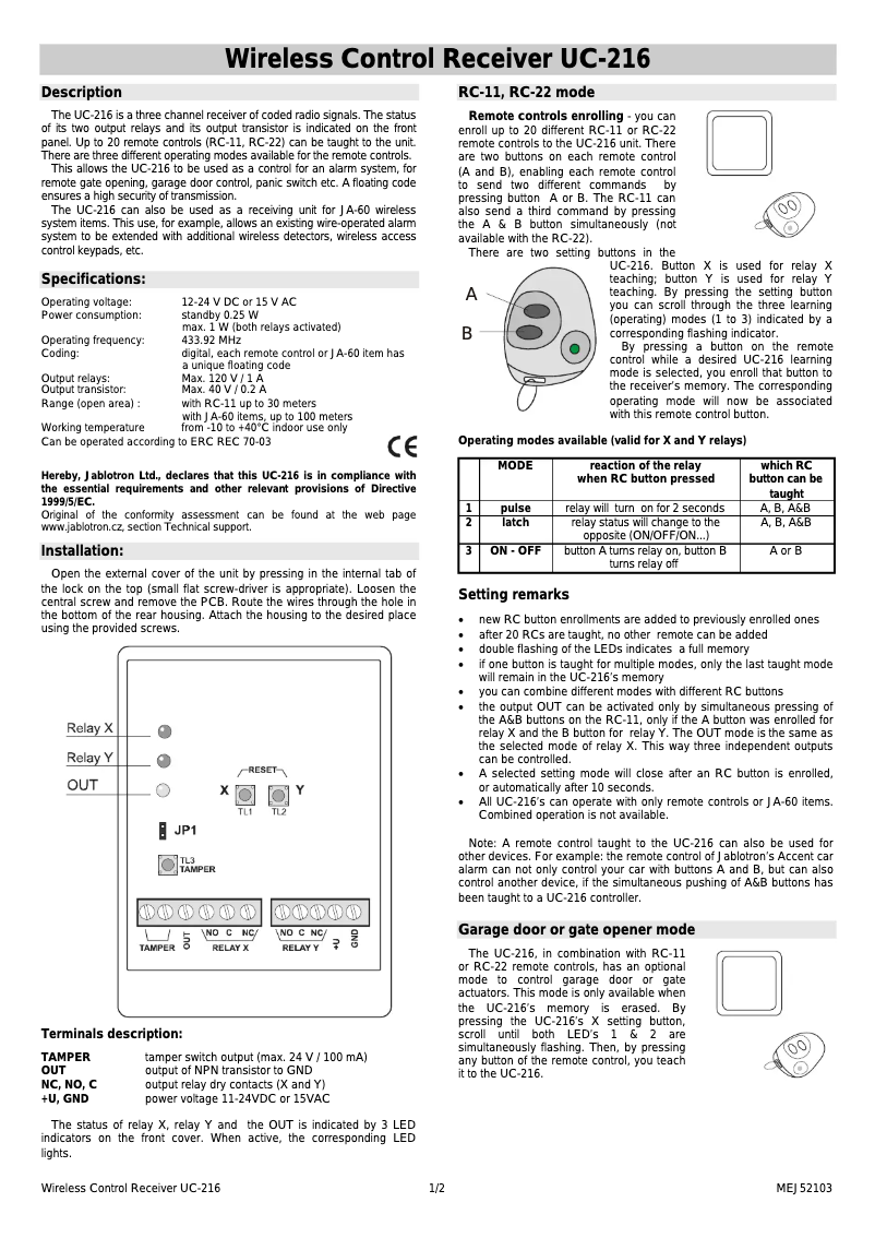 Image de la première page du manuel de l'appareil UC-216