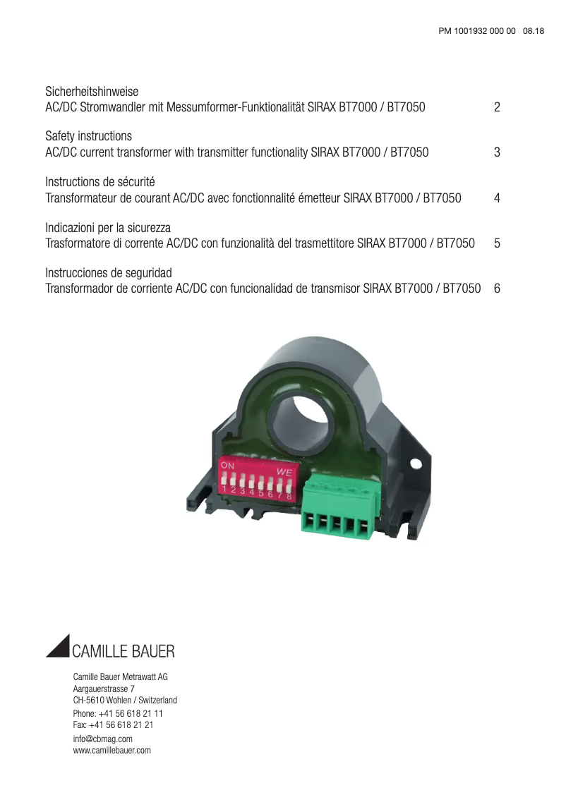 Page 1 de la notice Instructions de sécurité Camille Bauer SIRAX BT7000