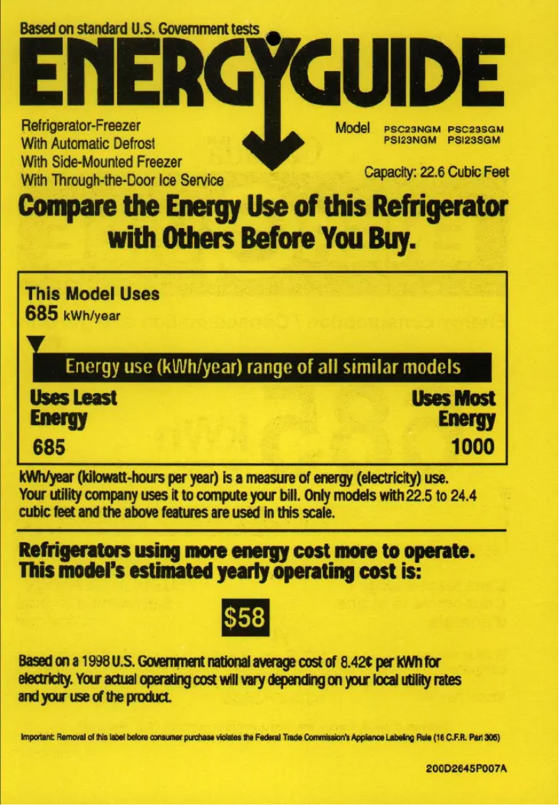 Page 1 de la notice Label énergétique GE PSI23NGMCC