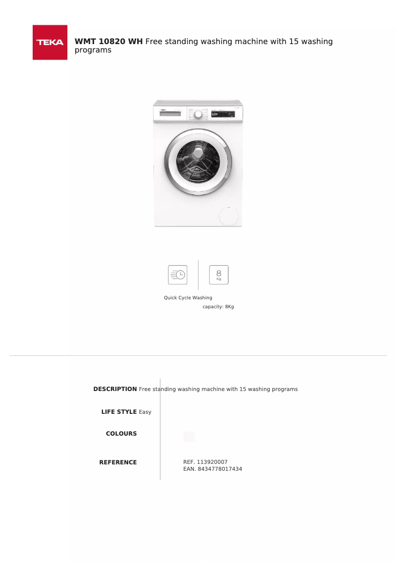 Page 1 de la notice Manuel utilisateur Teka WMT 10820 WH