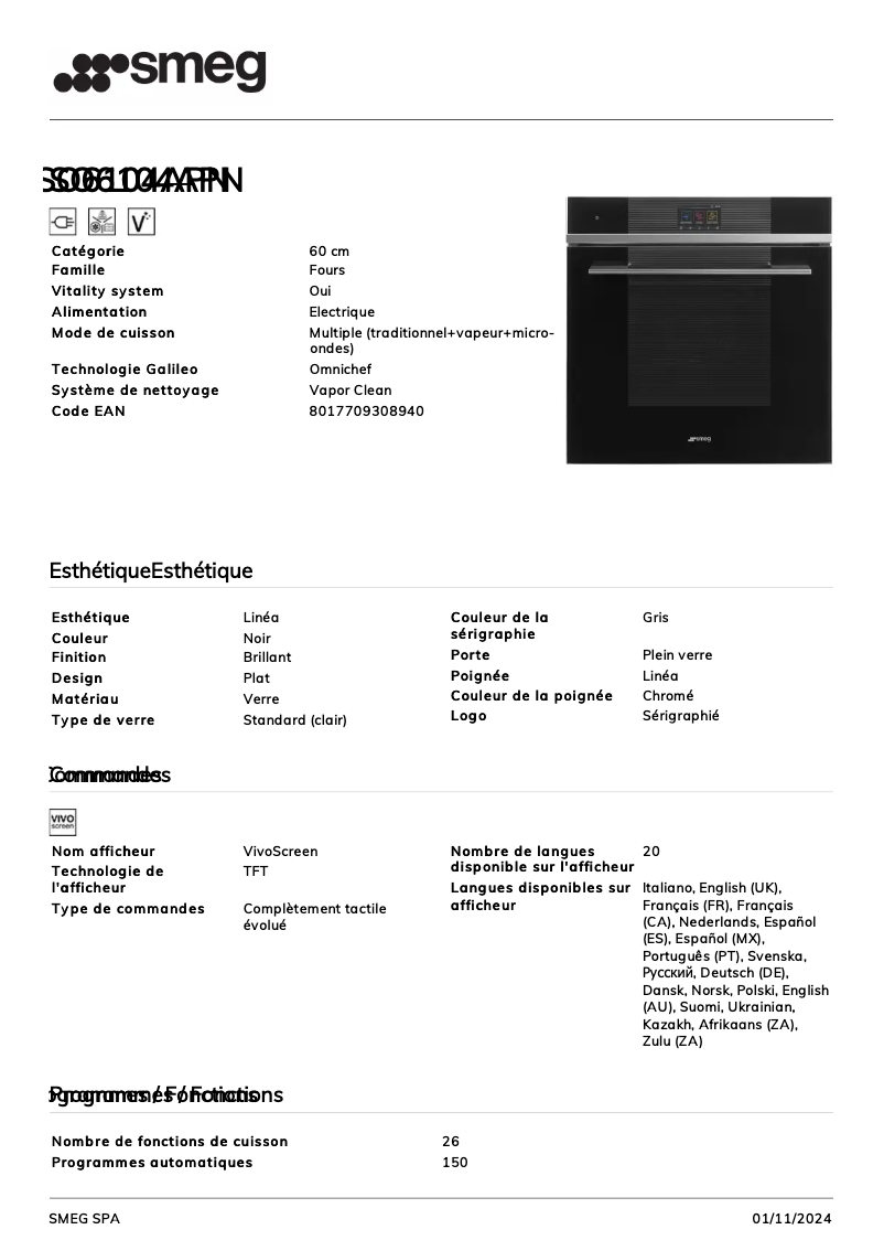 Page n°1 - Fiche technique Smeg SO6104APN