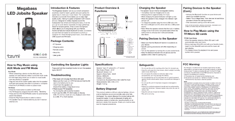 Page 1 de la notice Manuel utilisateur Tzumi Megabass