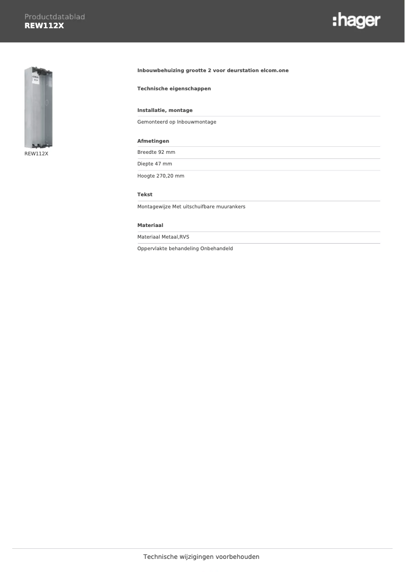 Page 1 of the manual Technical Sheet Hager REW112X