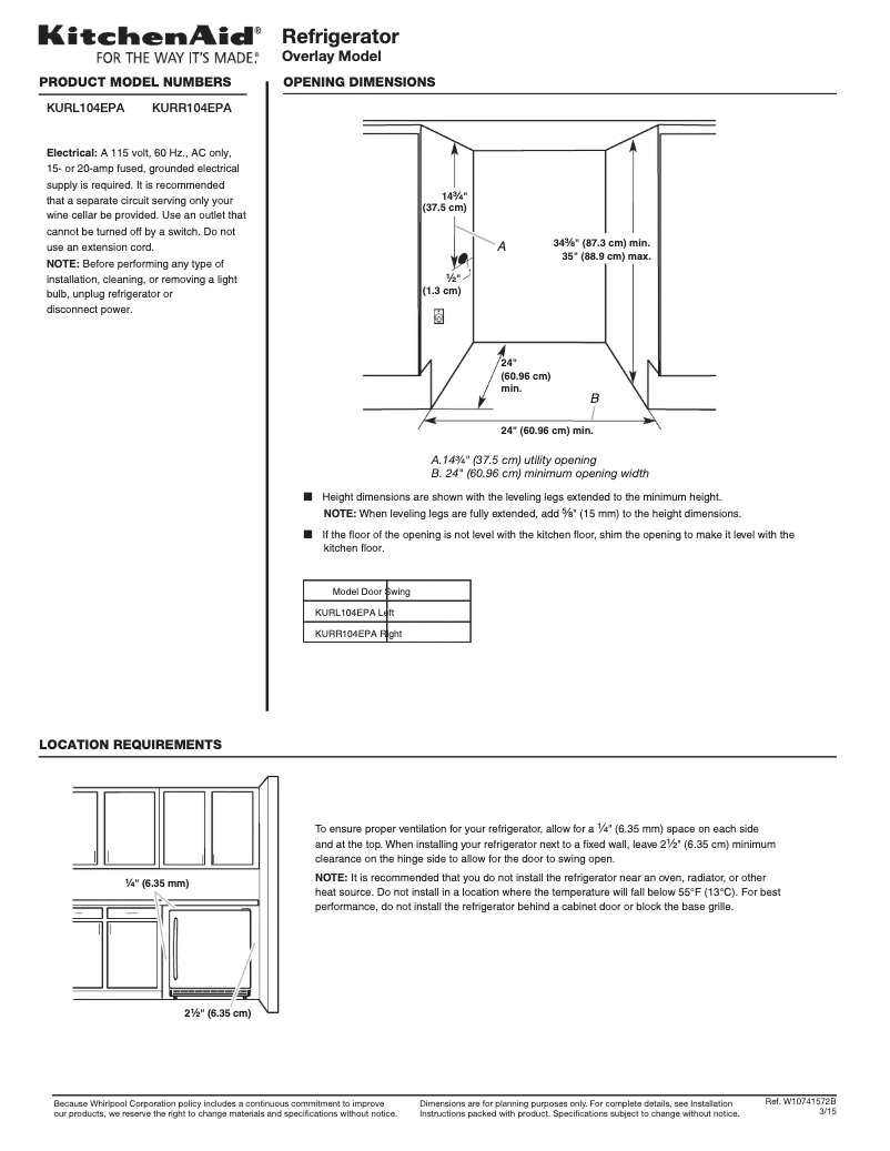 Página 1 del manual Ficha técnica KitchenAid KURR104E