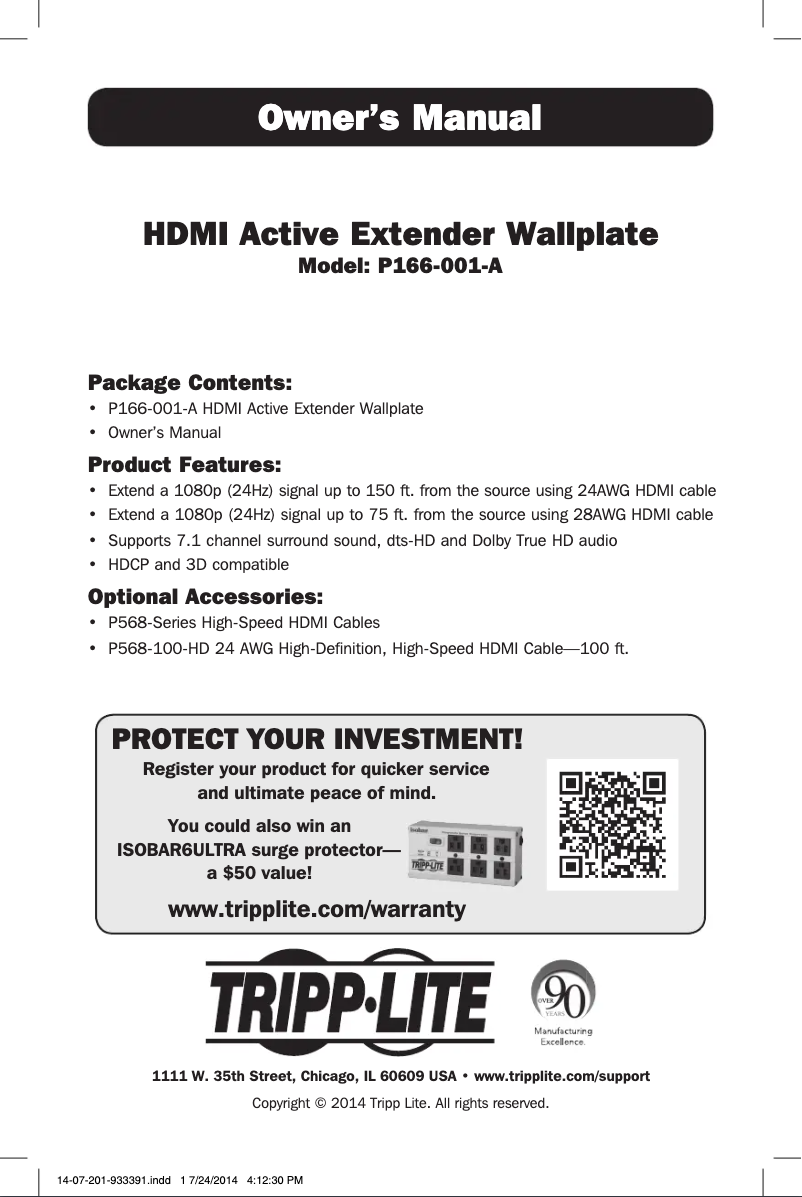 Page 1 de la notice Manuel utilisateur Tripp Lite P166-001-A