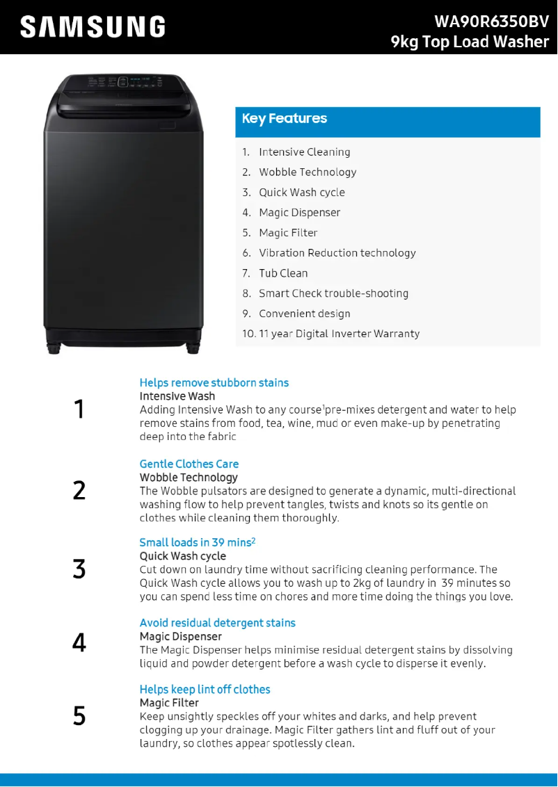 Page 1 de la notice Fiche technique Samsung WA90R6350BV