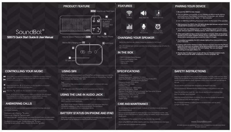 Page n°1 - Manuel utilisateur SoundBot SB573