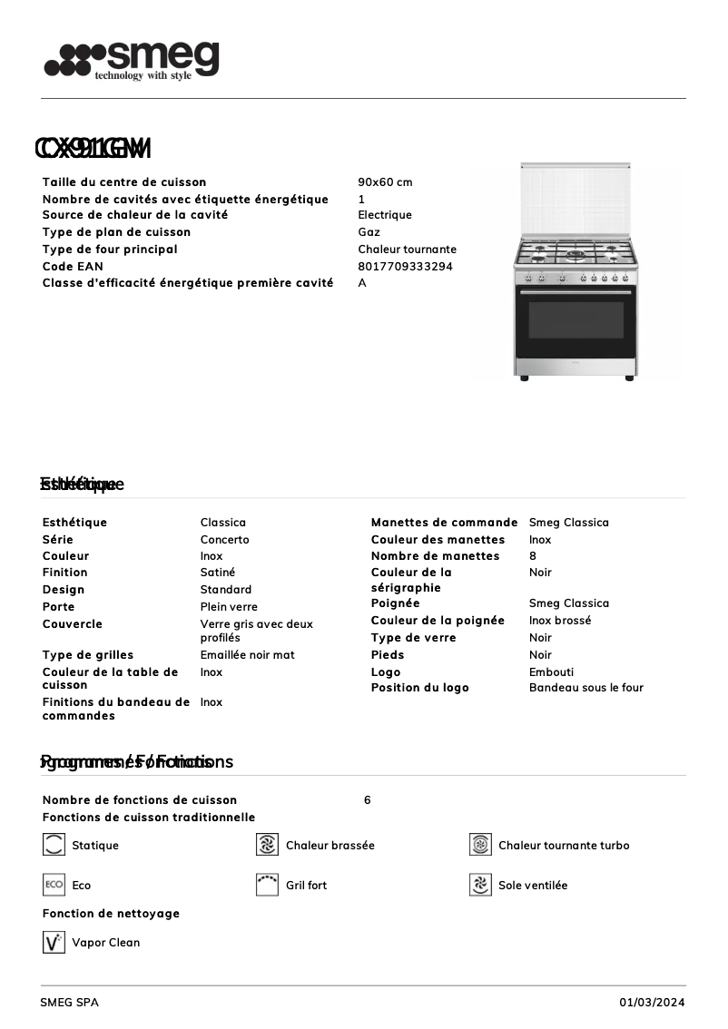 Page 1 de la notice Fiche technique Smeg CX91GM