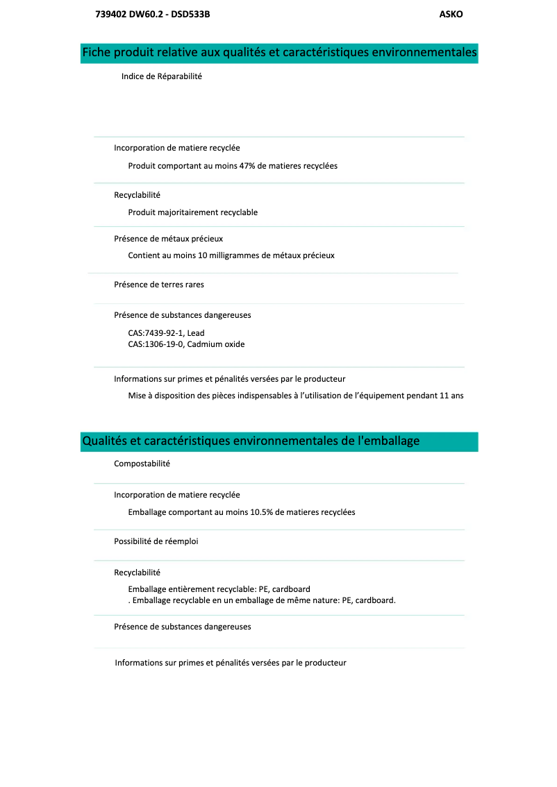 Page n°1 - Fiche technique Asko DSD533B