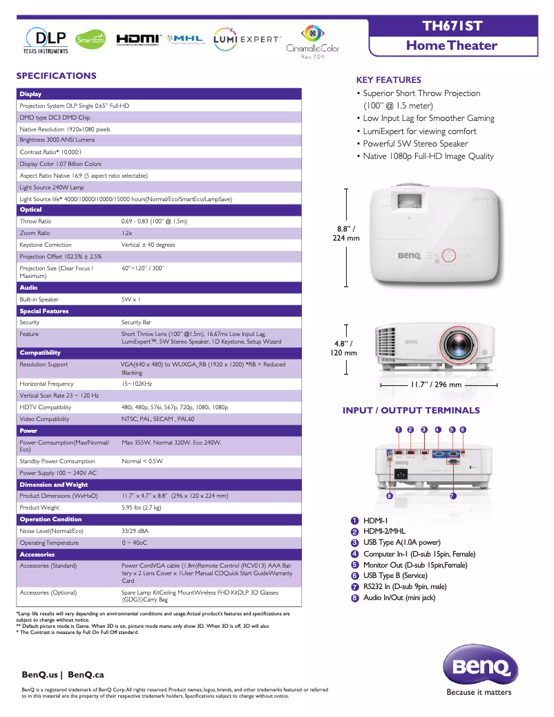 Page n°1 - Fiche technique BenQ TH671ST