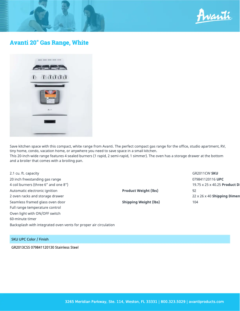 Page 1 de la notice Fiche technique Avanti GR2011CW