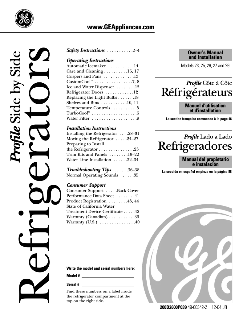 Page n°1 - Manuel utilisateur GE PSS26NGPBB