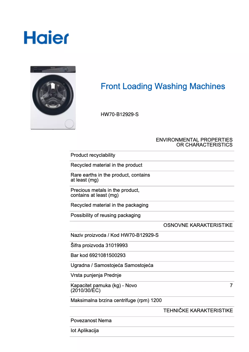 Page 1 de la notice Fiche technique Haier HW70-B12929