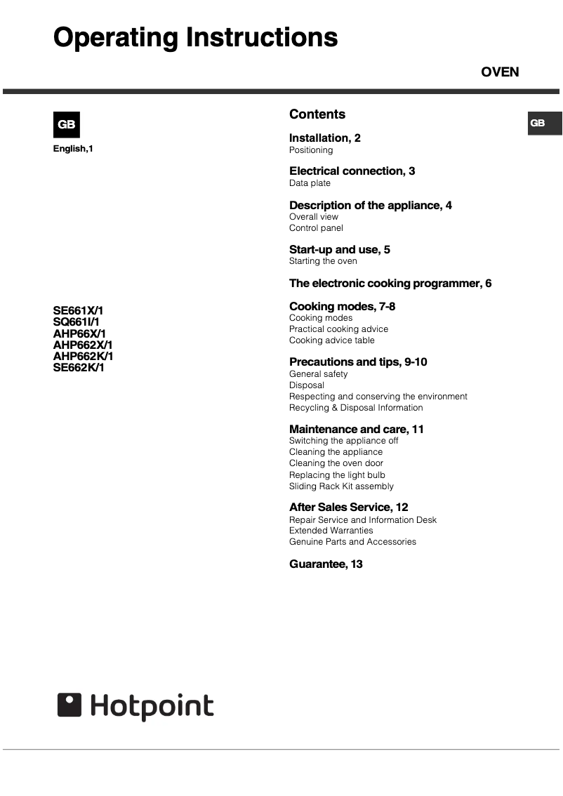 Page 1 de la notice Manuel utilisateur Hotpoint SE661X