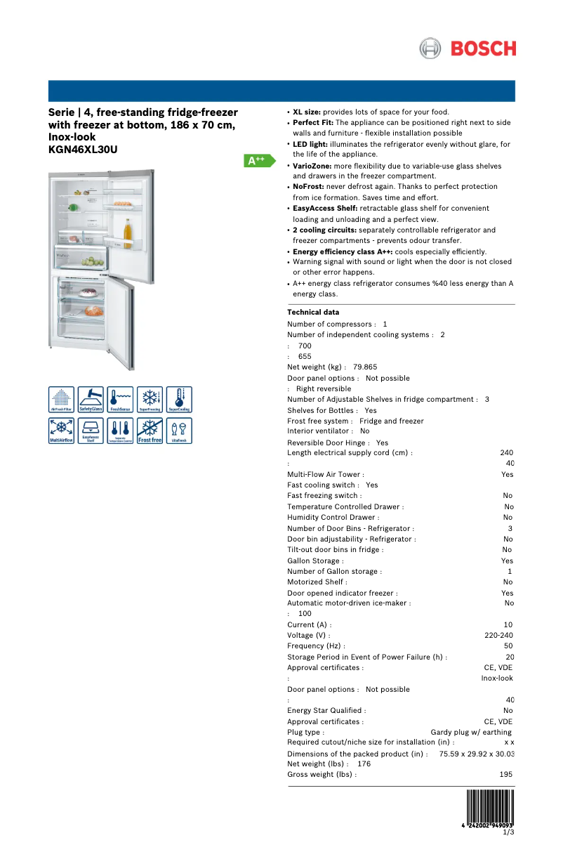 Página 1 del manual Ficha técnica Bosch KGN46XL30U