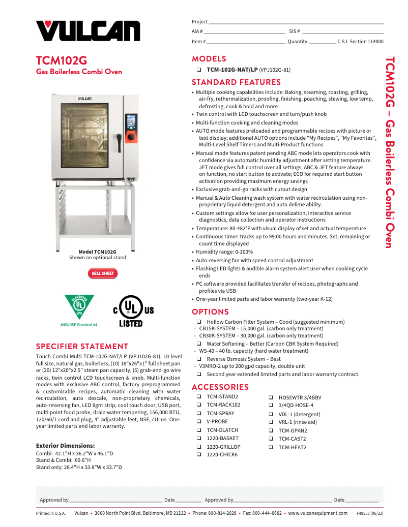 Page 1 de la notice Fiche technique Vulcan TCM-102G