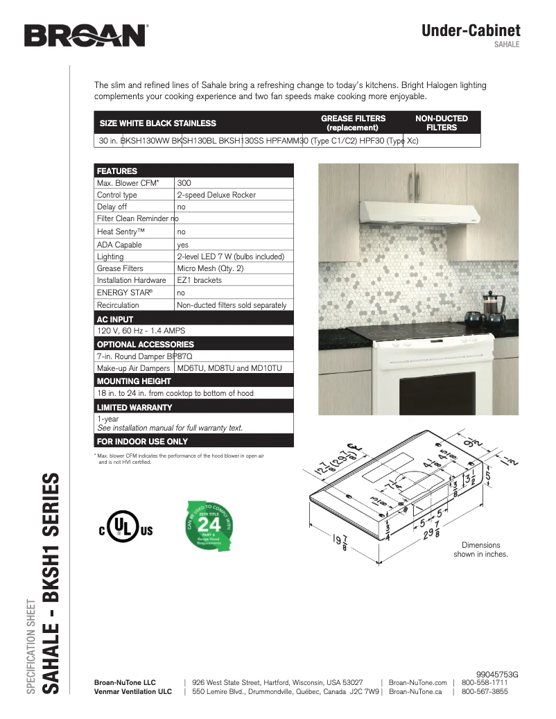 Page n°1 - Fiche technique Broan BKSH130WW