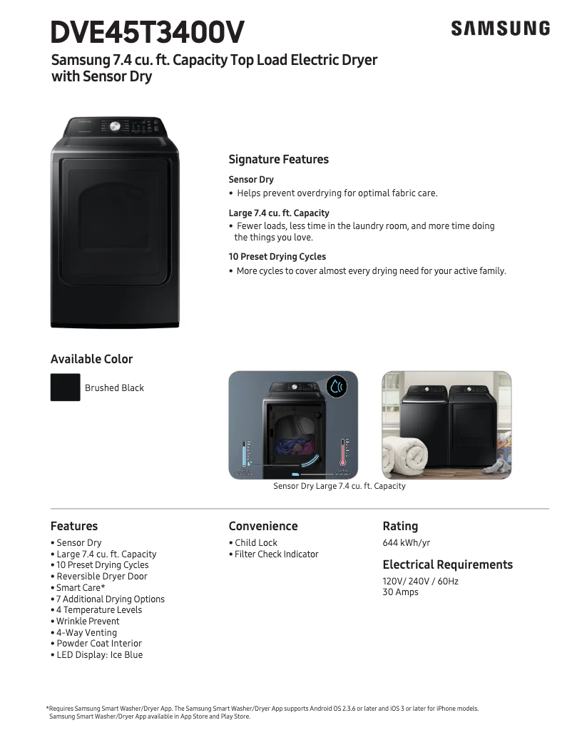 Page 1 de la notice Fiche technique Samsung DVE45T3400V