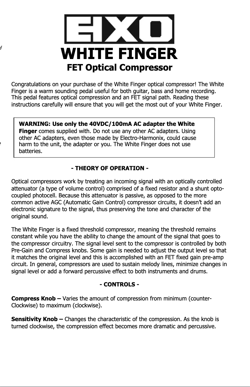 Page n°1 - Manuel utilisateur Electro Harmonix White Finger