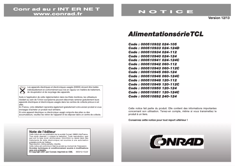 Page 1 de la notice Manuel utilisateur Traco Power TCL 024-124