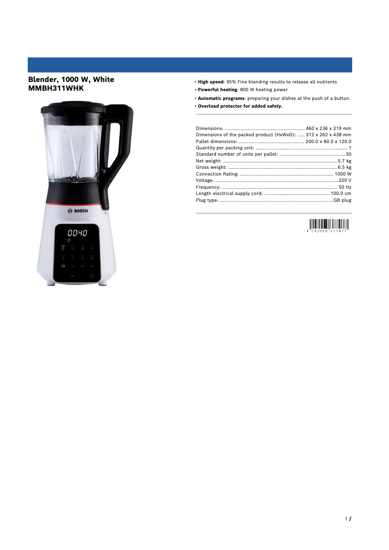 Page 1 de la notice Fiche technique Bosch MMBH311WHK
