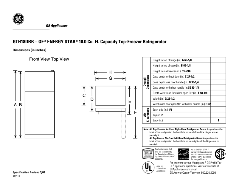Page 1 de la notice Fiche technique GE GTH18DBRRCC