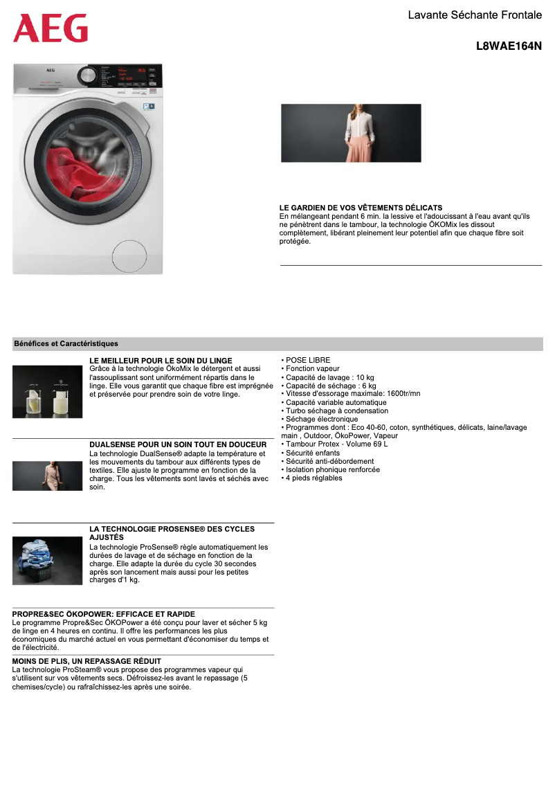 Page n°1 - Fiche technique AEG L8WAE164N