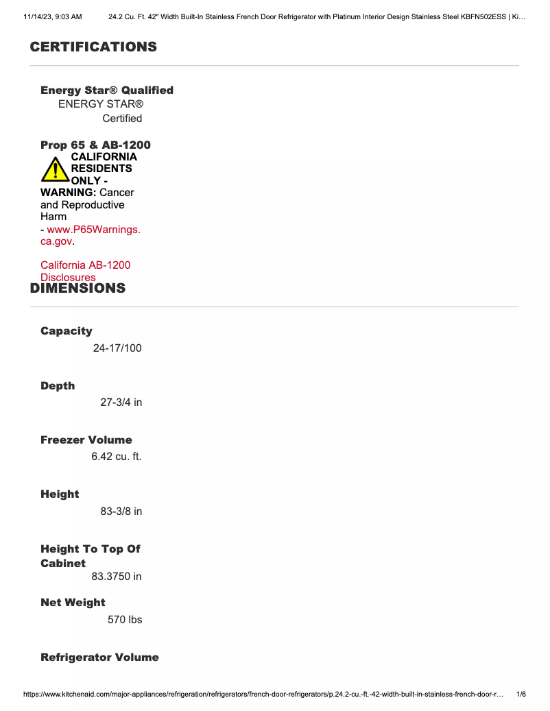 Page 1 de la notice Fiche technique KitchenAid KBFN502ESS