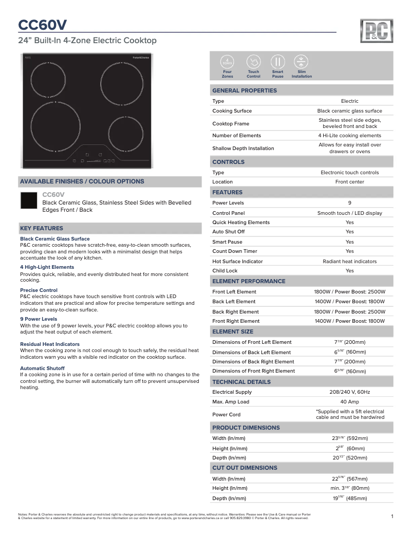 Page 1 de la notice Fiche technique Porter & Charles CC60V