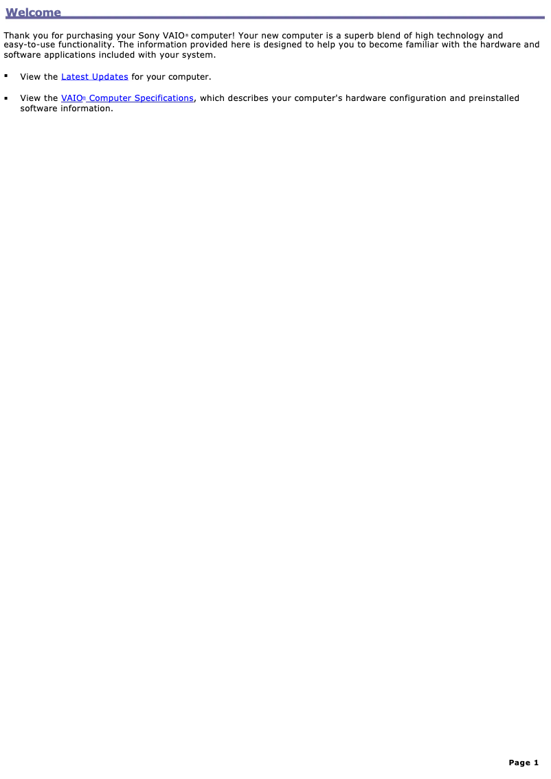 Image de la première page du manuel de l'appareil Vaio PCV-RX851