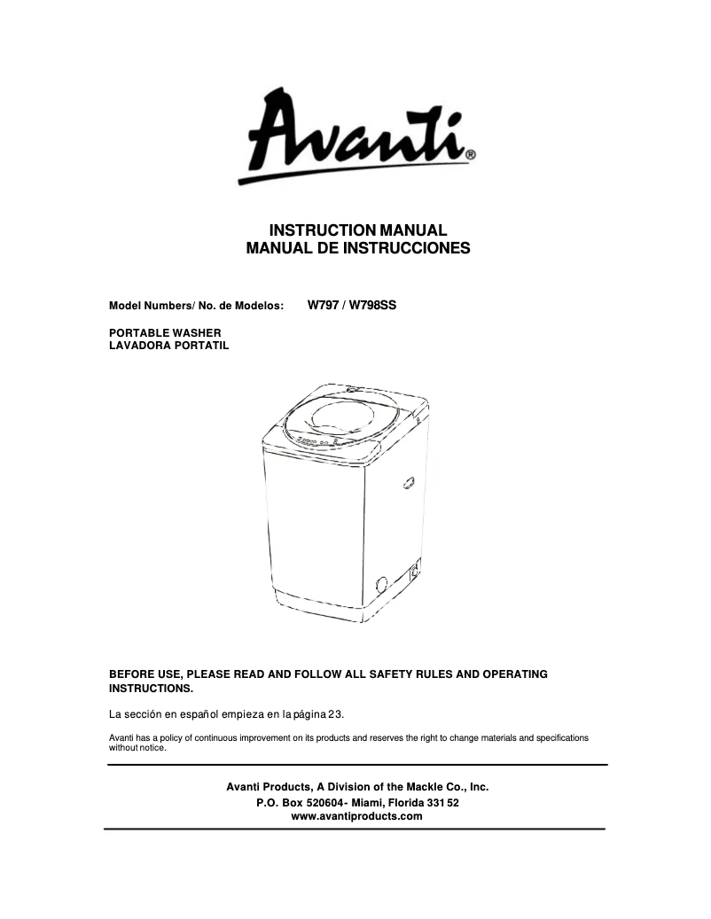 Page 1 de la notice Manuel utilisateur Avanti W797