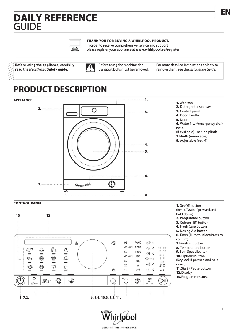 Page 1 de la notice Mode d'emploi Whirlpool FSCR 12430