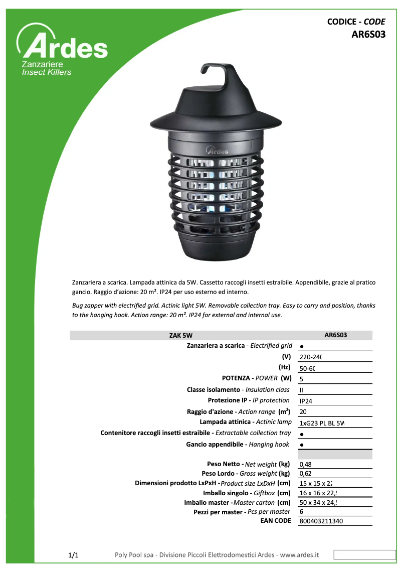 Page 1 de la notice Fiche technique Ardes AR6S03